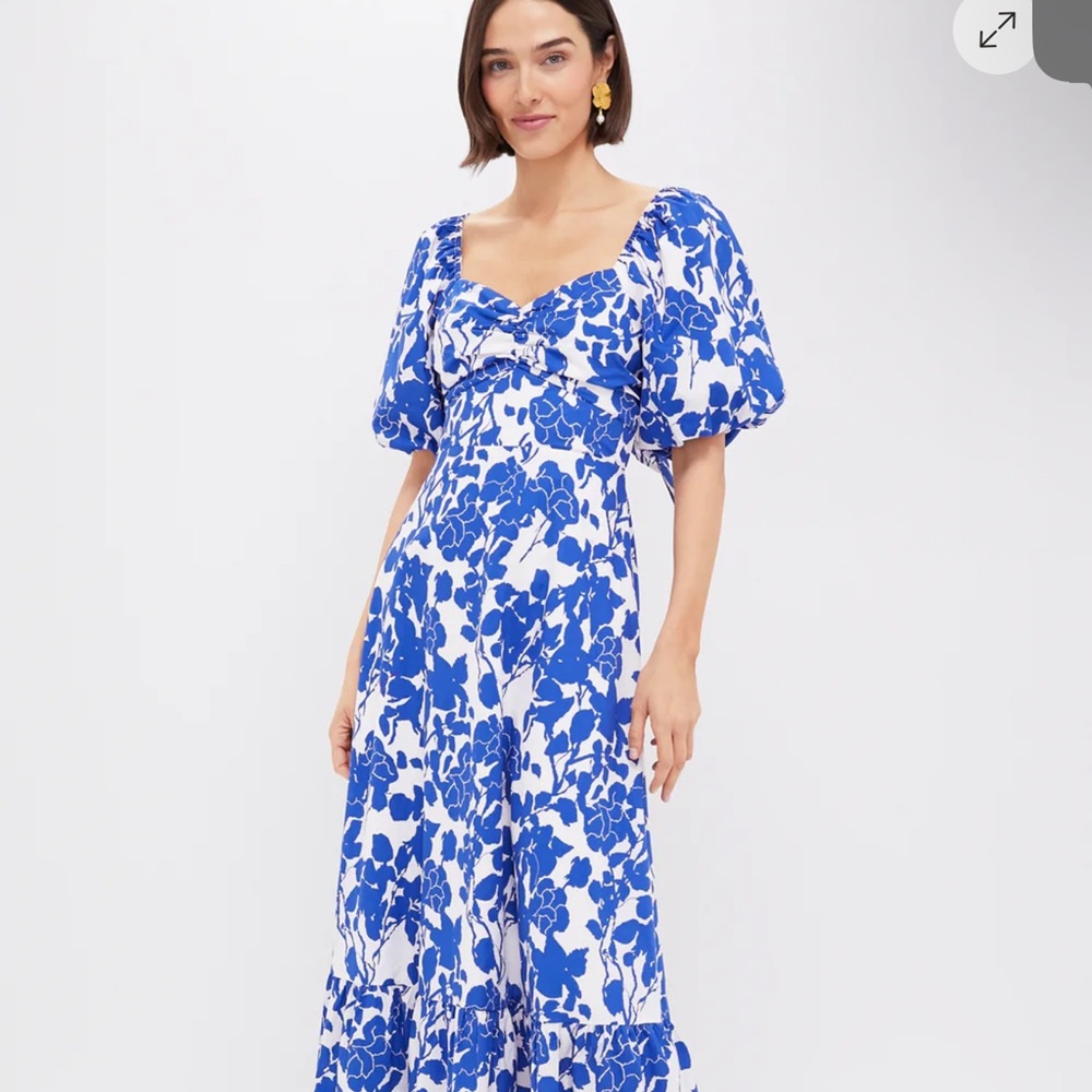 Women's Blue & White Floral Puff-Sleeve Maxi Dress